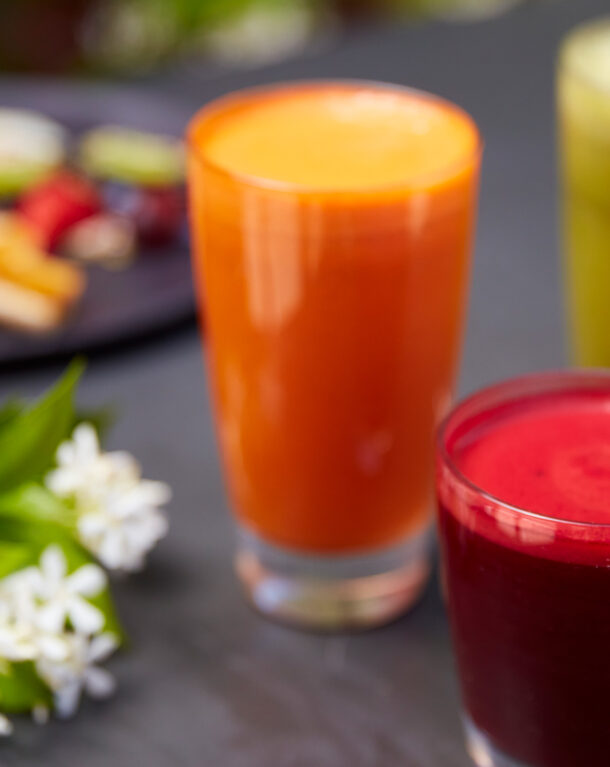 colorful juices and white flowers