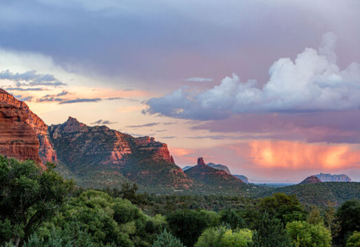 pink storm clouds over Sedona in the evening