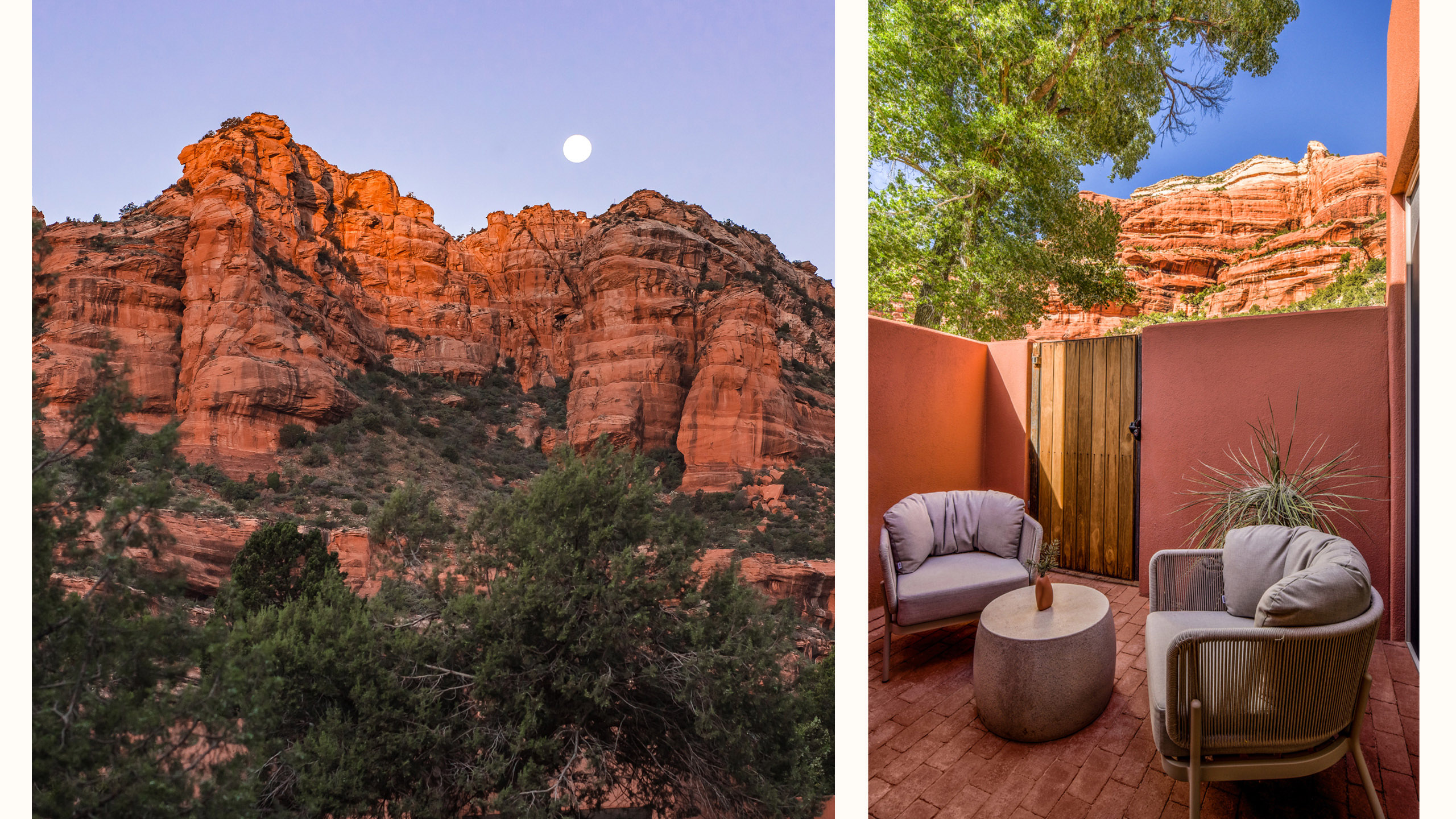 Casita Double Queen Terrace and image of Moon over the red rocks in Boynton Canyon